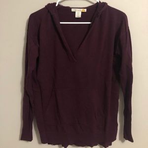 Deep red V neck sweater with hood